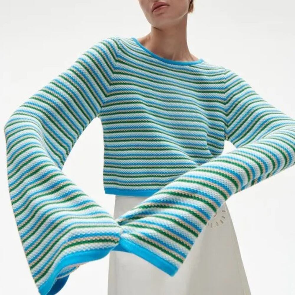 Figue Marley Cropped Sweater in Blue/Green Stripes Large Resortwear Coastal